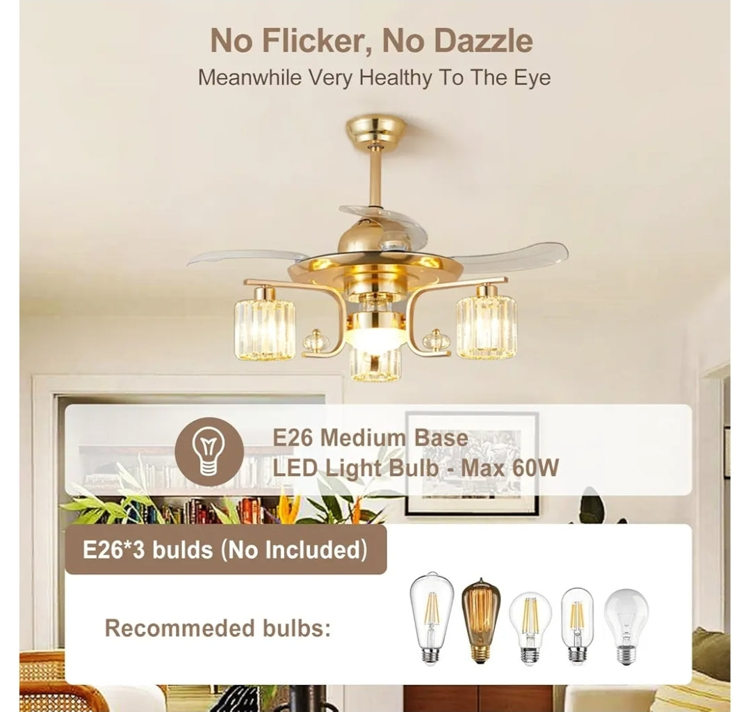48" Retractable Ceiling Fan with Lights: Modern 3-Light Chandelier Ceiling Light Fan with Crystal Lantern Shade for Bedroom Kitchen - Gold Crystal Fandelier Fan with Remote for Living Room