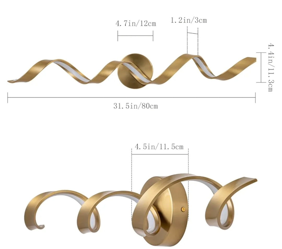 Dimmable Modern LED Bathroom Vanity Light 32 inch, 20W Spiral Design Gold Wall Light Fixtures for Bathroom, Living Room and Hallway, 6000K White Light