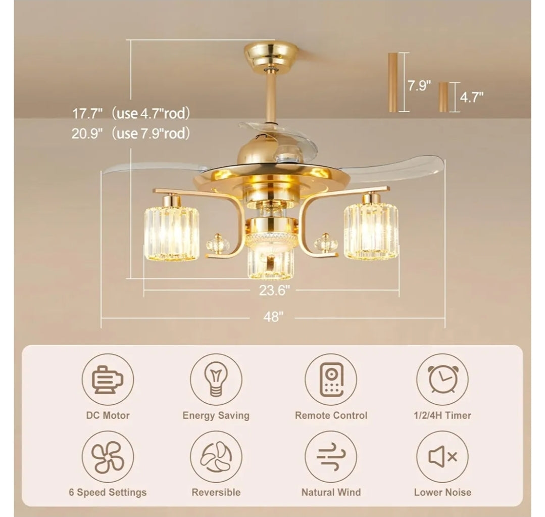 48" Retractable Ceiling Fan with Lights: Modern 3-Light Chandelier Ceiling Light Fan with Crystal Lantern Shade for Bedroom Kitchen - Gold Crystal Fandelier Fan with Remote for Living Room