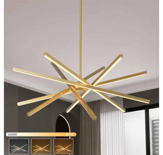 Modern Gold Chandelier Light Fixtures - LED 6-Lights Dining Room Linear Chandeliers Pendant Lights Fixture Over Table 3000K 4500K 6000K 3-Color Dimmable for Kitchen Island Living Room
