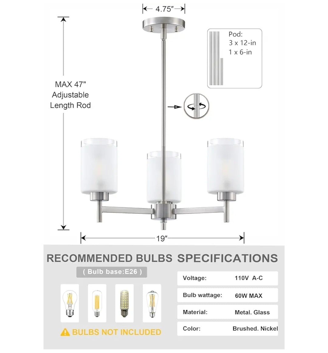 Doraimi Lighting 3 Light Chandelier Classic Style Ceiling Pendant Light Clear Frosted Glass Shade Fixture,Brushed Nickel Finish for Meeting Room Dining Room Over Table Living Room