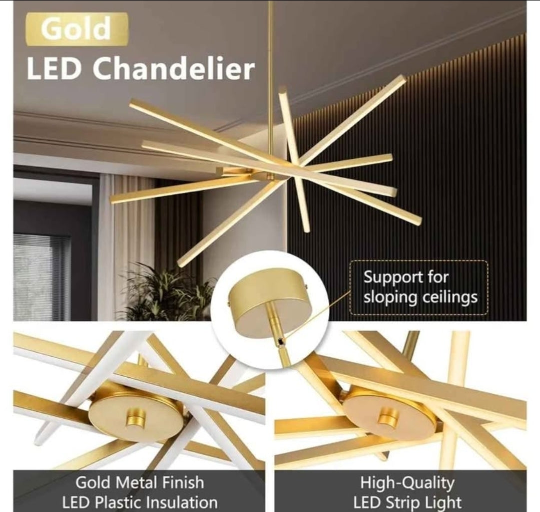 Modern Gold Chandelier Light Fixtures - LED 6-Lights Dining Room Linear Chandeliers Pendant Lights Fixture Over Table 3000K 4500K 6000K 3-Color Dimmable for Kitchen Island Living Room