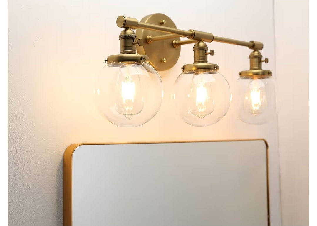 Phansthy Three Light Indoor Wall Fixture Bathroom Vanity Lighting with 5.6 Inches Globe Clear Glass Lamp Shade, Antique