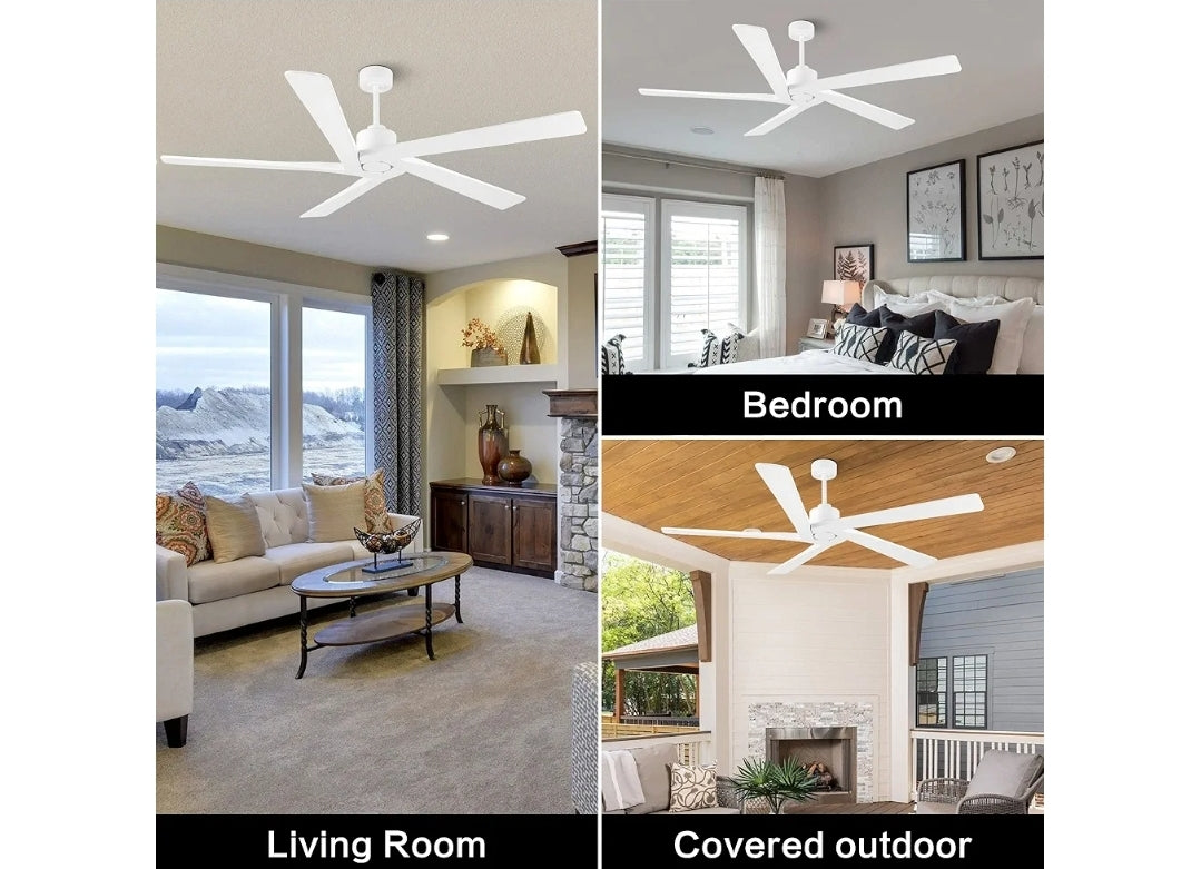WINGBO 72 Inch DC Ceiling Fan No Light with 3 Downrods, 5 Reversible Carved Solid Wood Blades, 6-Speed Noiseless DC Motor, Ceiling Fan without Lights in White Finish, ETL Listed
