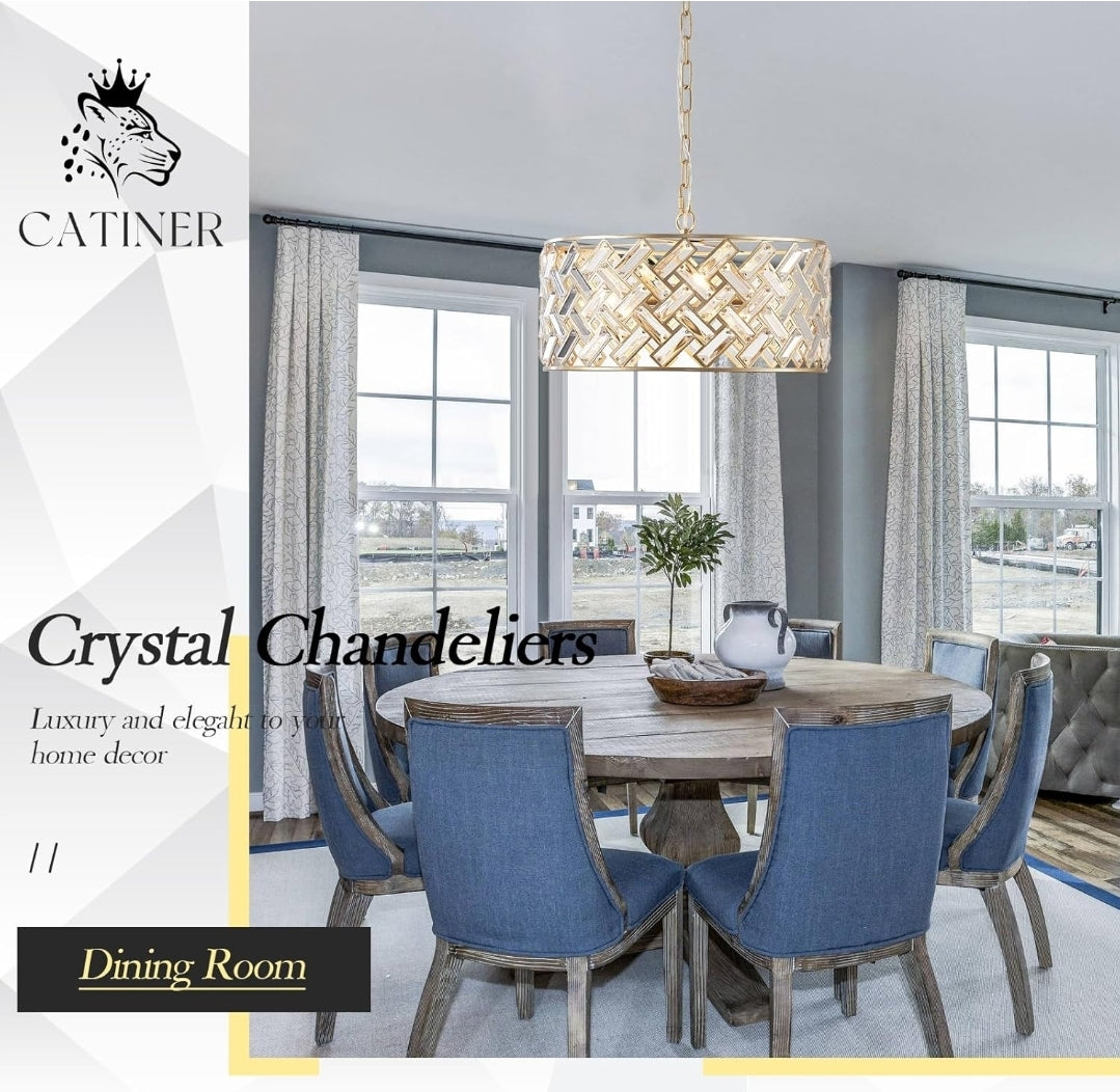 Gold Crystal Chandelier Modern 18" Round Semi Flush Mount Ceiling Light for Dining Living Room Bedroom & Foyer - Large Round Pendant Fixture