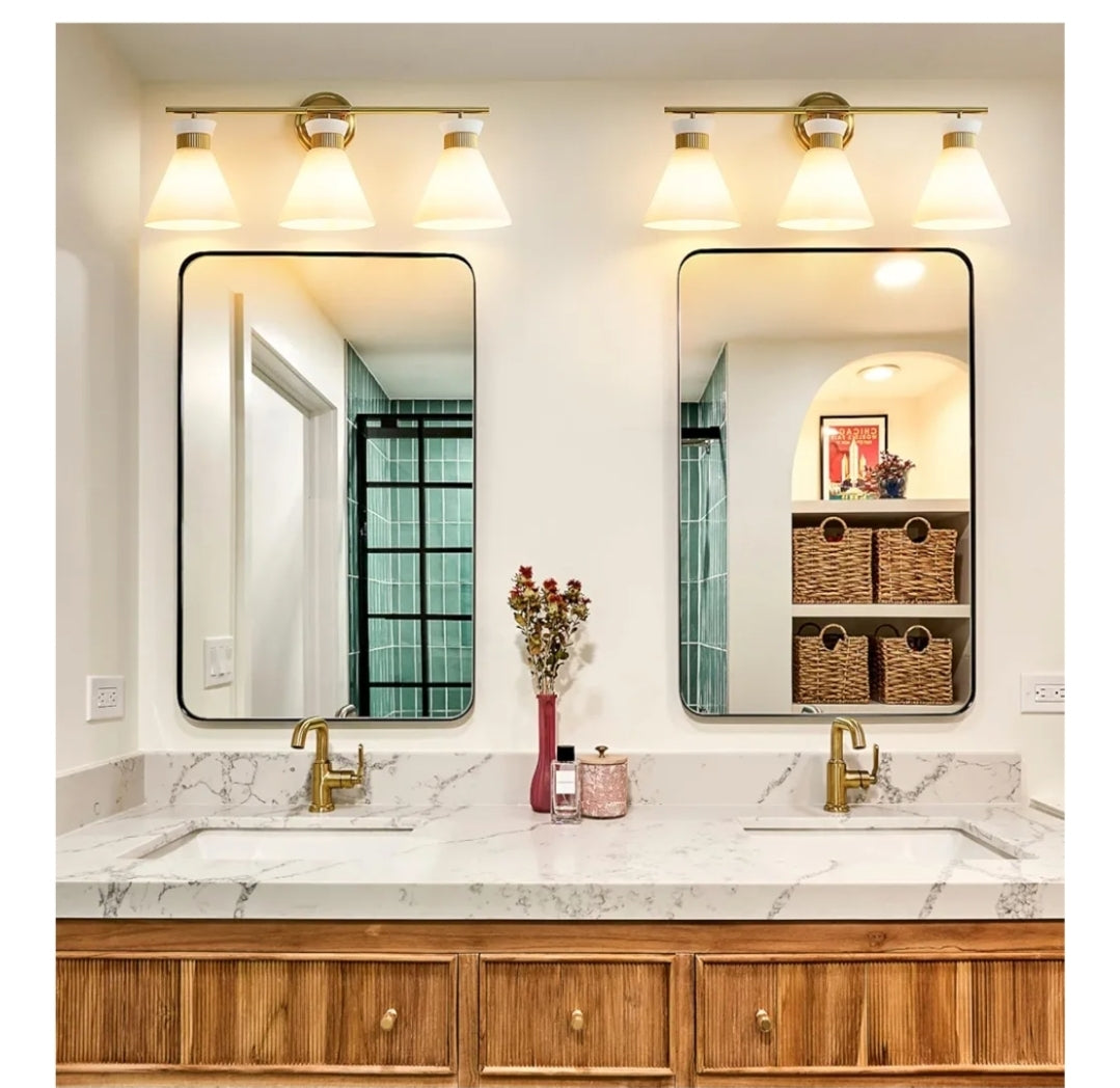 WOSHITU Bathroom Vanity Light Fixtures: 3-Lights Mid Century Modern Vanity Lights for Bathroom Over Mirror, Brushed Gold Wall Sconce Lighting with Frosted Milky Glass Shade for Bath Living Room