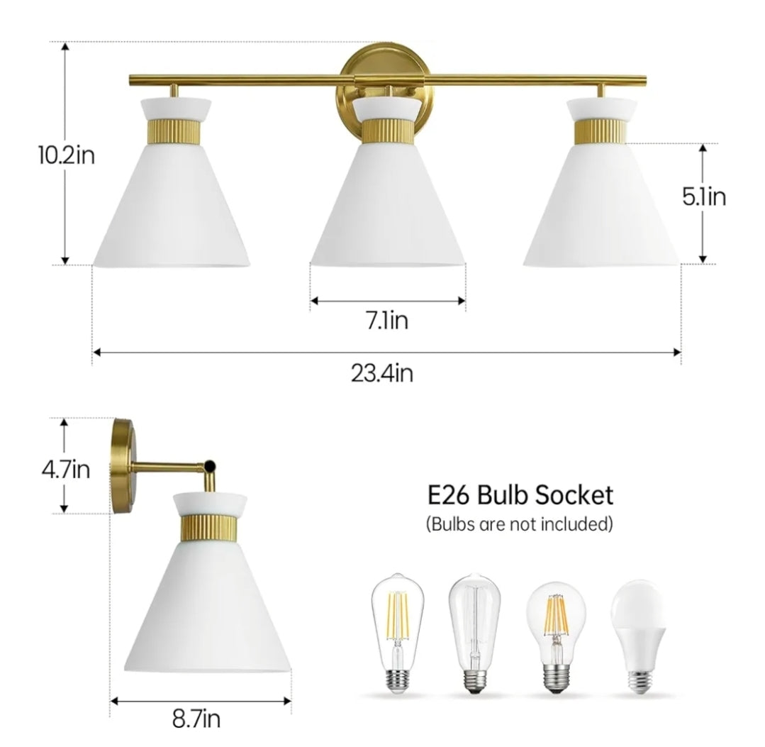 WOSHITU Bathroom Vanity Light Fixtures: 3-Lights Mid Century Modern Vanity Lights for Bathroom Over Mirror, Brushed Gold Wall Sconce Lighting with Frosted Milky Glass Shade for Bath Living Room