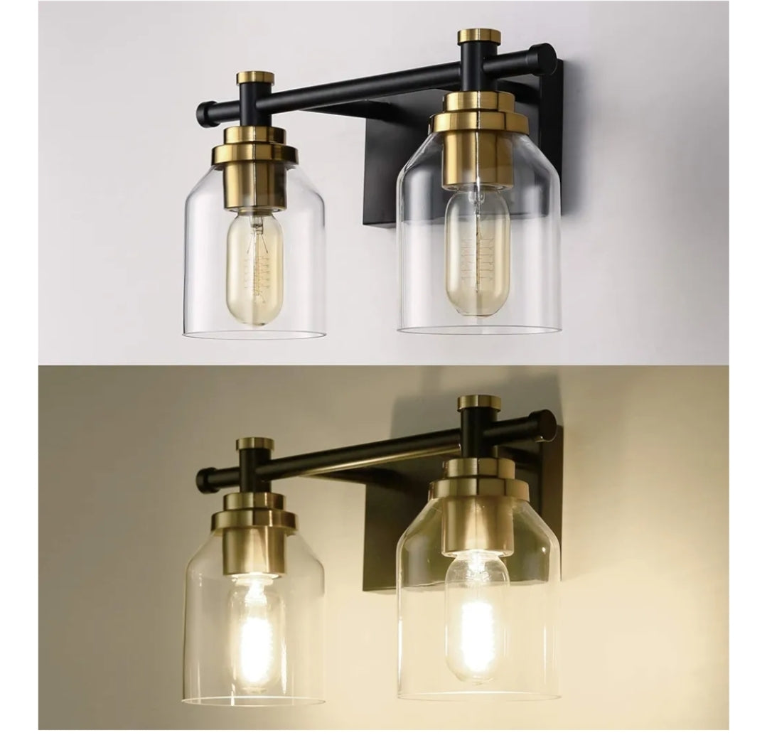 SOLFART Vintage 2 Lights Wall Lighting Bathroom Vanity Light Vintage Black Brass Sconce Light Fixtures Black Metal with Clear Glass