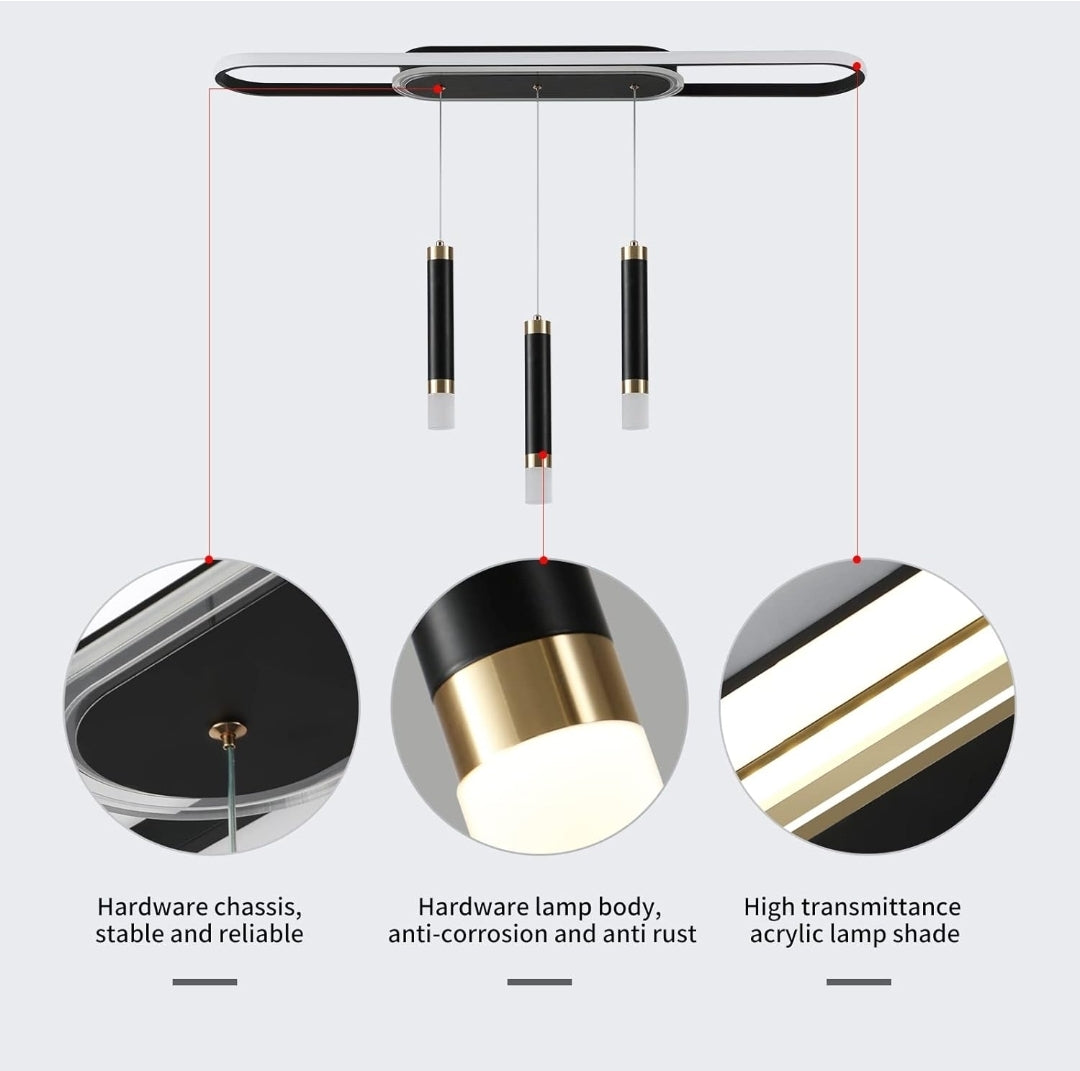 Jaycomey Modern LED Chandelier, Dimmable Acrylic 3-Light Modern Ceiling Pendant Lighting with Remote, Indoor Dining Light Fixture for Kitchen Island Living Room Restaurant Office (62W, Black)