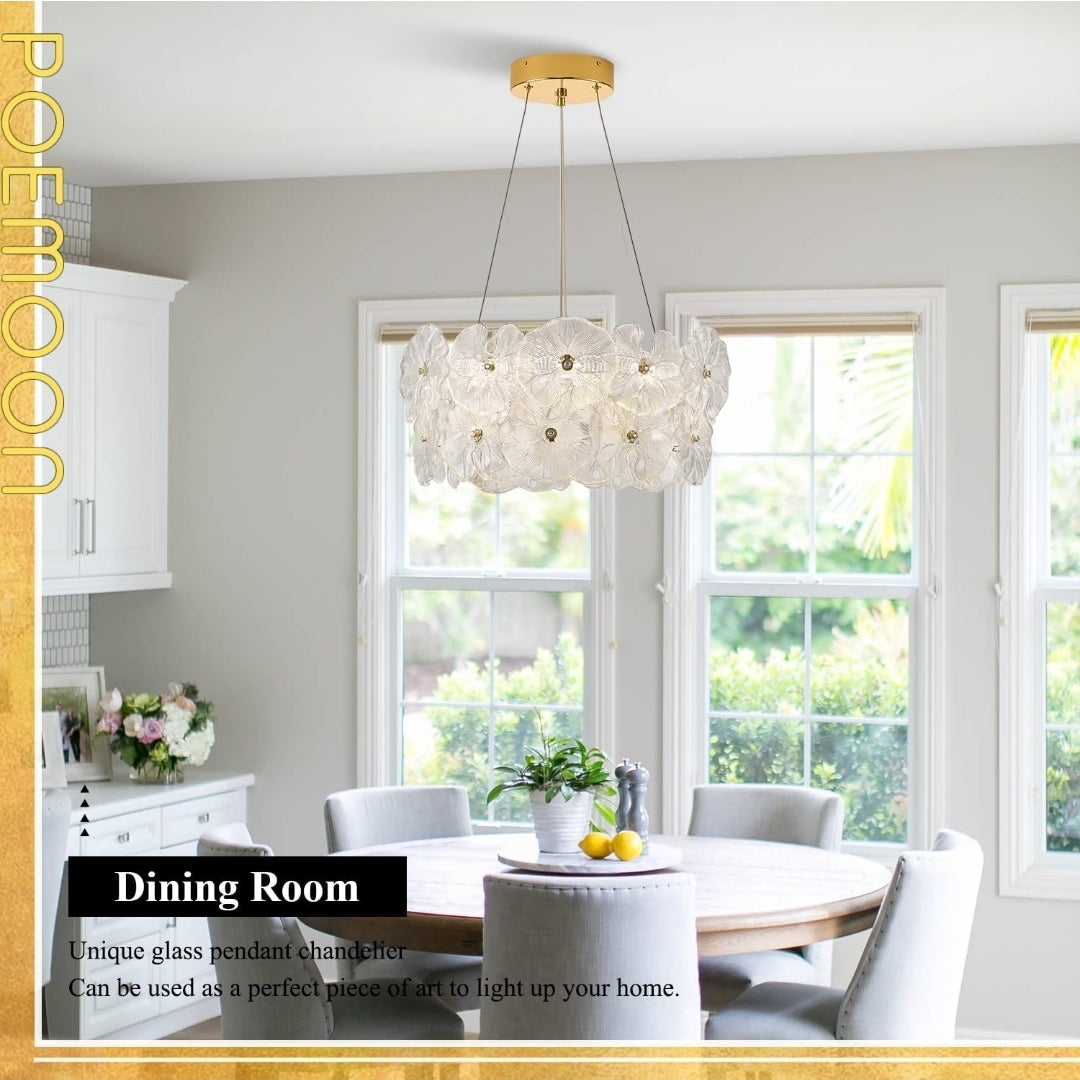 Modern Gold Glass LED Chandelier 20" Elegant Lotus Leaf Dimmable Ceiling Chandeliers with Remote Control Luxury for Foyer Entryway Living Dining Room(3000K-6500K)