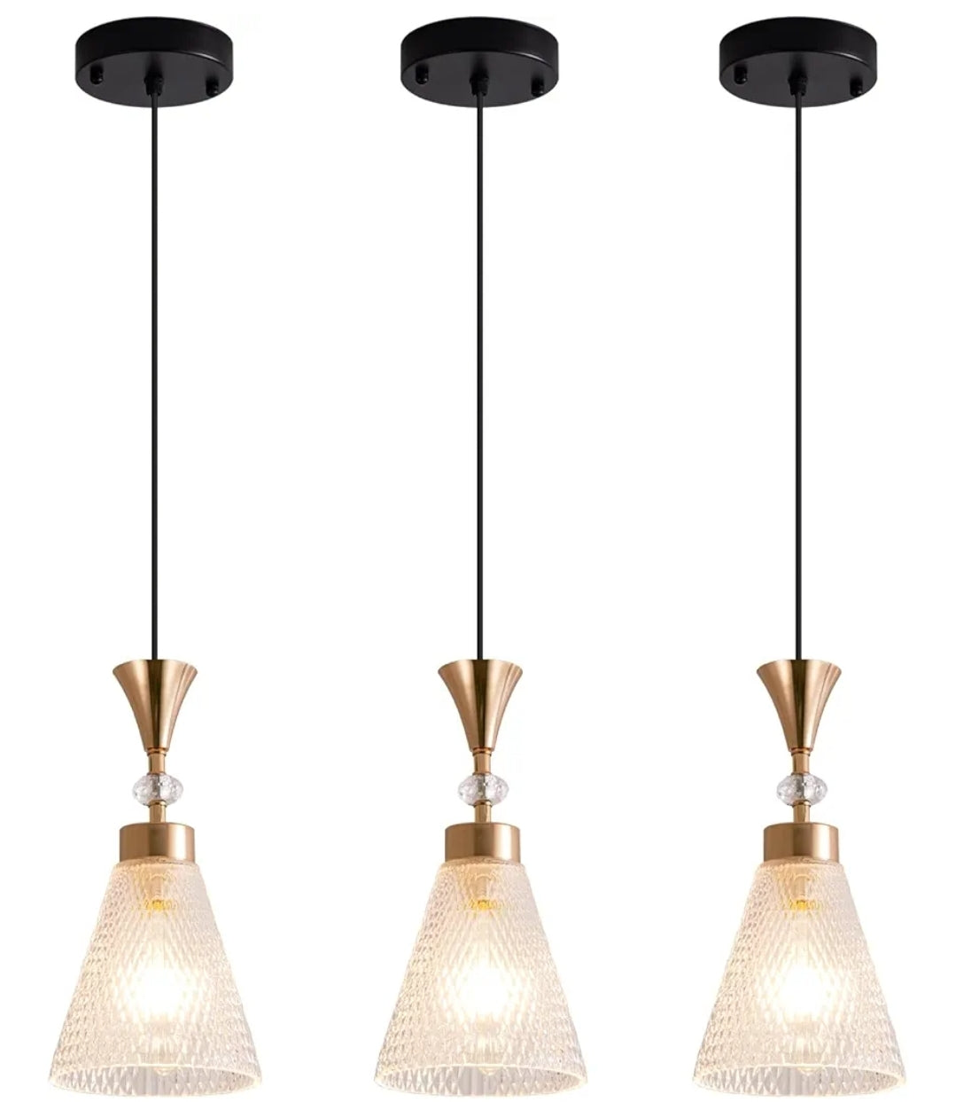 Industrial Pendant Light Fixture, Modern Clear Glass Crystals Shade Pendant Lighting Adjustable Cord for Kitchen Island Dining Room Sink, Black and Gold, 3 Packs