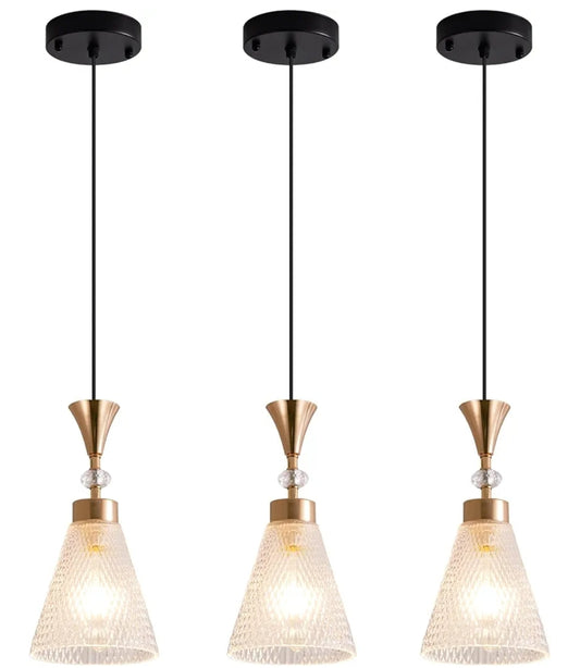 Industrial Pendant Light Fixture, Modern Clear Glass Crystals Shade Pendant Lighting Adjustable Cord for Kitchen Island Dining Room Sink, Black and Gold, 3 Packs