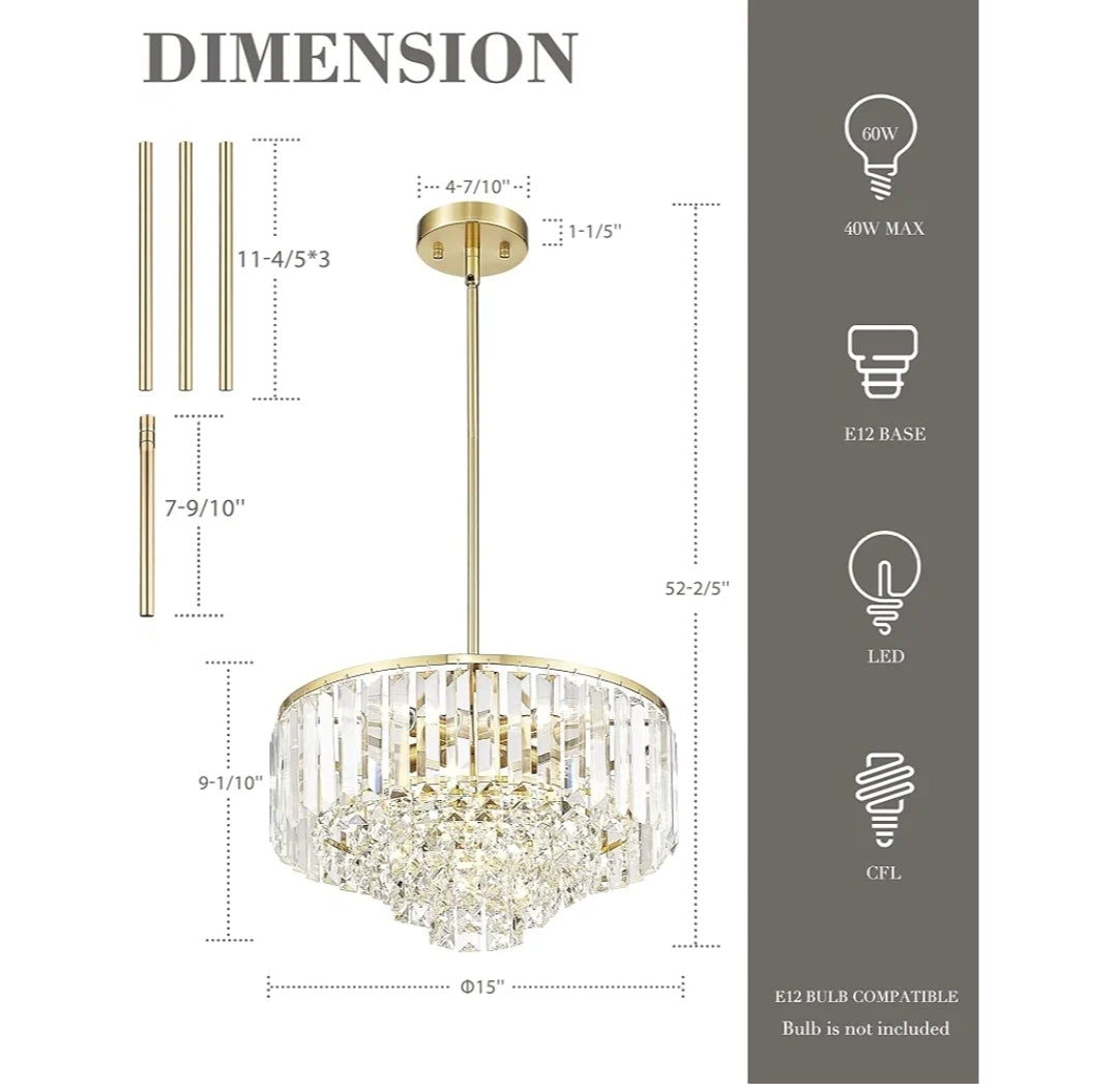 15'' Gold Chandelier, 5-Tier Crystal Chandelier, Modern Pendant Light for Dining Room Kitchen Island Bedroom Entryway, CC4215-5W-PG