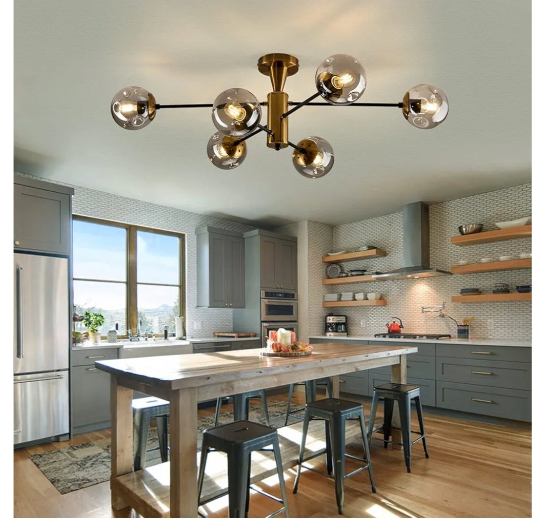 Modern Semi Flush Mount Ceiling Light Fixture 6-Light Sputnik Gold Chandelier with Glass Globe Mid Century Ceiling Lighting for Dinning Room Farmhouse Kitchen Bedroom Living Room.