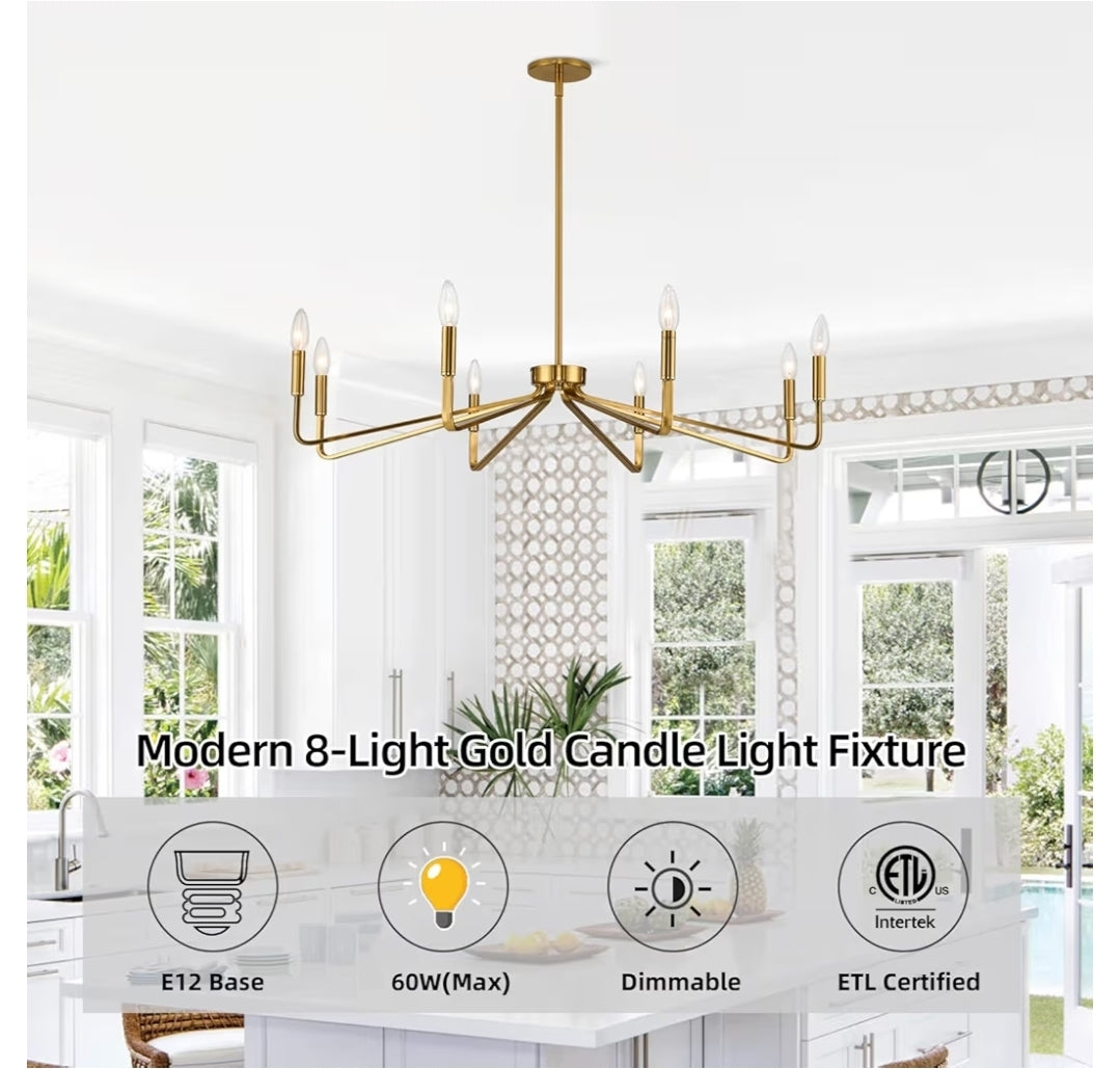 38" Gold Chandeliers for Dining Room, 8-Light Modern Farmhouse Chandelier Light Fixture, Brushed Brass Industrial Candle Lighting Hanging Ceiling for Living Room Bar Kitchen Island Lights