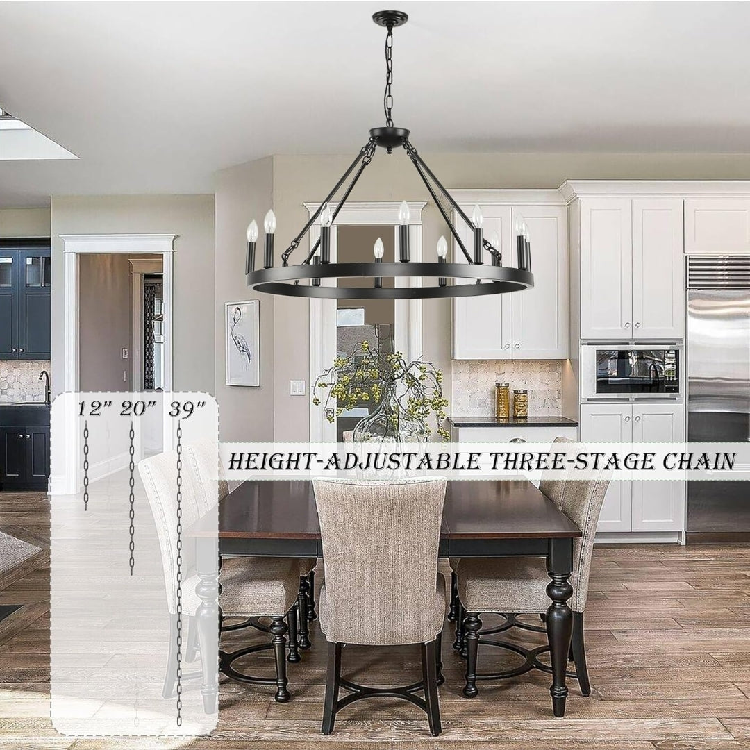 Black Wagon Wheel Chandelier 32 inch,12-Light Farmhouse Wagon Wheel Chandeliers Round Industrial Ceiling Light fixtures for Outdoor Porch high Ceilings Living Dining Room Foyer Entryway