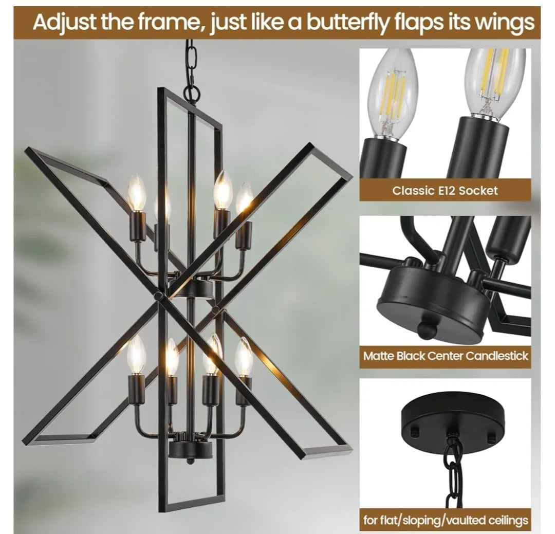 Black Chandelier, 8-Light Industrial Farmhouse Ceiling Pendant Light Fixtures, Modern Foyer Lighting Fixtures, Large Chandeliers for High Ceilings, Pendant Lights Kitchen Island for Staircase,Entryway
