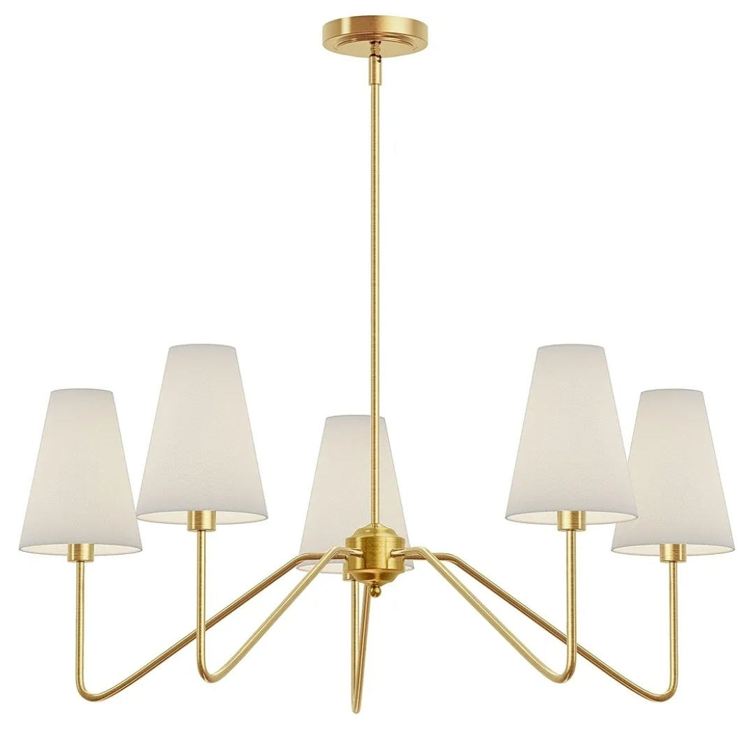 Electro bp 30" Dia 5-Arm Classic Chandeliers Polished Gold with White Linen Shades,Ceiling Light Fixture for Dining Room,Living Room,Entryway,E12,200W