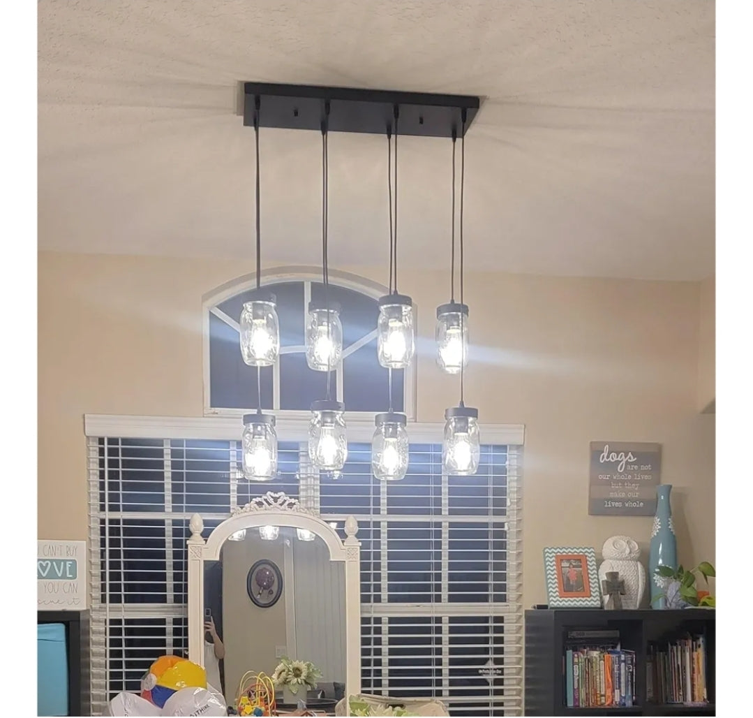 Wellmet 8-Light Mason Jar Chandelier for Dining Room, Farmhouse Rustic Linear Cluster Pendant Light Fixture for Living Room, Kitchen Island Lighting, Matte Black Finish with Glass Shades