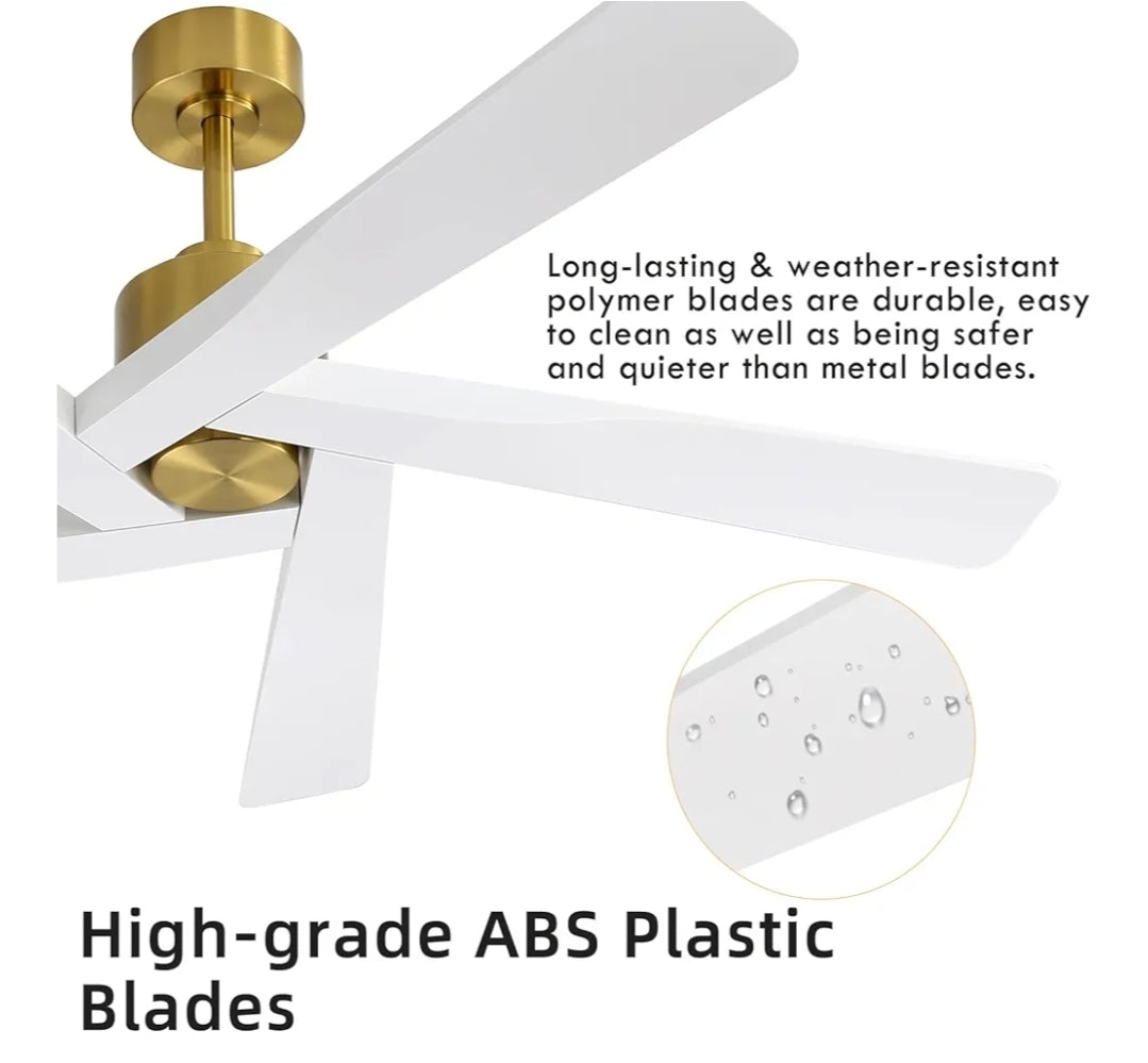 WINGBO 64" ABS DC Ceiling Fan No Light, 5 Blade ABS Plastic Ceiling Fan with Remote, 6-Speed Reversible DC Motor, Ceiling Fans without Light for Kitchen Bedroom Living Room, Brass and White