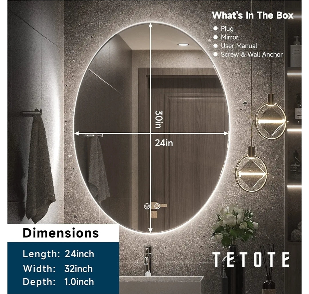 TETOTE 24x32 Inch Backlit Oval Mirror for Bathroom,LED Vanity Mirror for Makeup,Dimmable,Anti-Fog Modern Mirror with Lights Wall Mounted