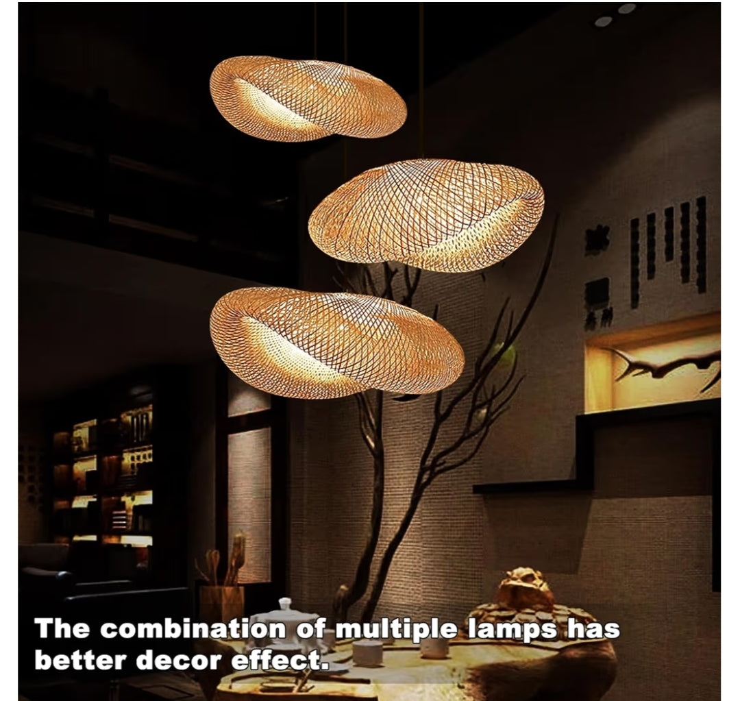 Farmhouse Bamboo Pendant Light Fixtures, Bird's Nest Shape Rattan Chandelier for Kitchen Island, Adjustable Ceiling Mount Hanging Lamp for Living Room, Dining Room, Bedroom, Entryway Decor