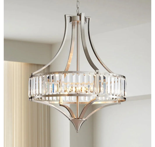Rustic Large Farmhouse Chandelier for Dining Room with Round Metal Shade 6-Light Brushed Nickel Light Fixture, Crystal Chandeliers for Hallway, Bedroom, Foyer