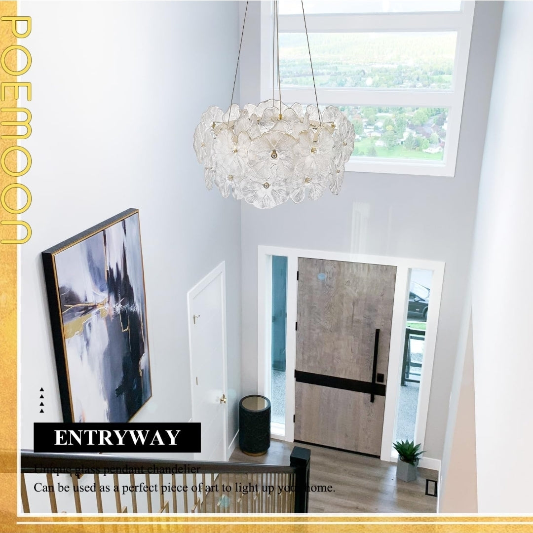 Modern Gold Glass LED Chandelier 20" Elegant Lotus Leaf Dimmable Ceiling Chandeliers with Remote Control Luxury for Foyer Entryway Living Dining Room(3000K-6500K)