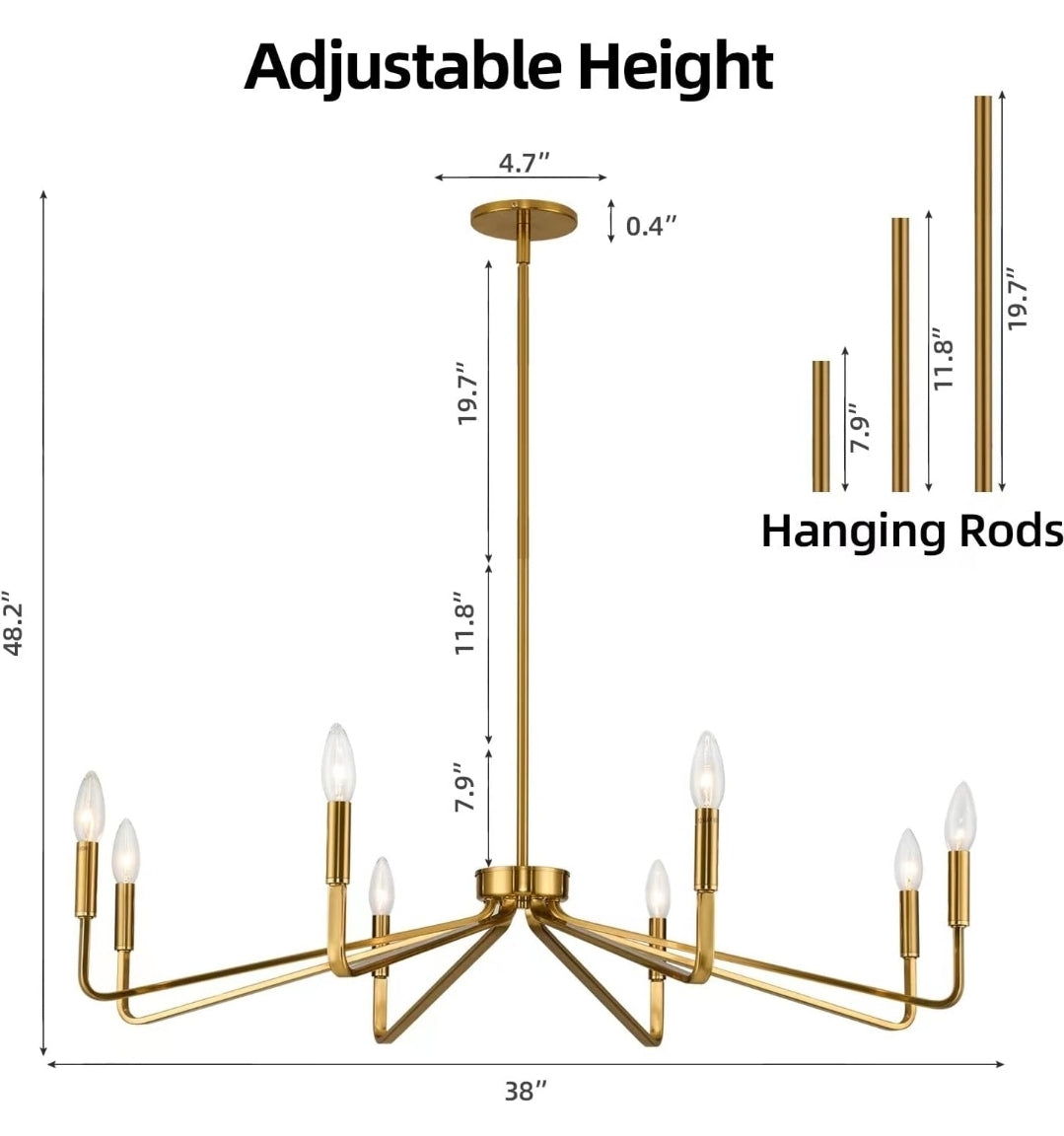 38" Gold Chandeliers for Dining Room, 8-Light Modern Farmhouse Chandelier Light Fixture, Brushed Brass Industrial Candle Lighting Hanging Ceiling for Living Room Bar Kitchen Island Lights