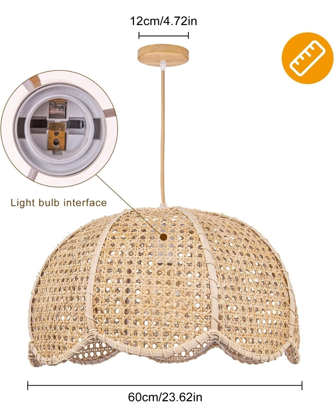 Arturesthome Rattan Woven Pendant Light, Hand-Woven Flower Shaped Ceiling Chandelier, Handmade Hanging Lamp Shade for Dining Room Bar Cafe Rustic Decor D 23.6″*12.59″