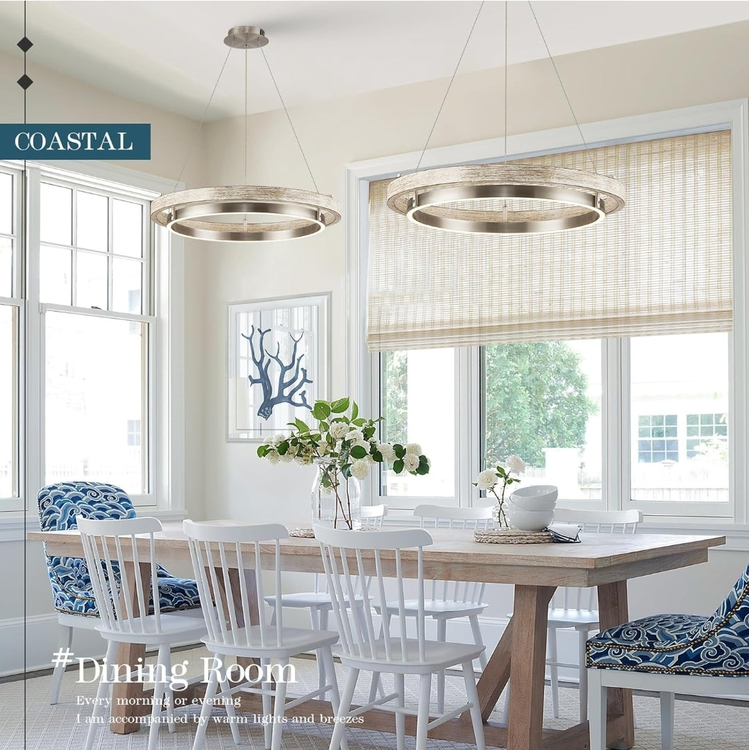 LED Ring Chandelier Weathered Wood Nickel Chandelier Dimmable Round Foyer Chandeliers Light Farmhouse Circular Chandeliers for Dining Room Entry Bedroom Office Living Room, 24in