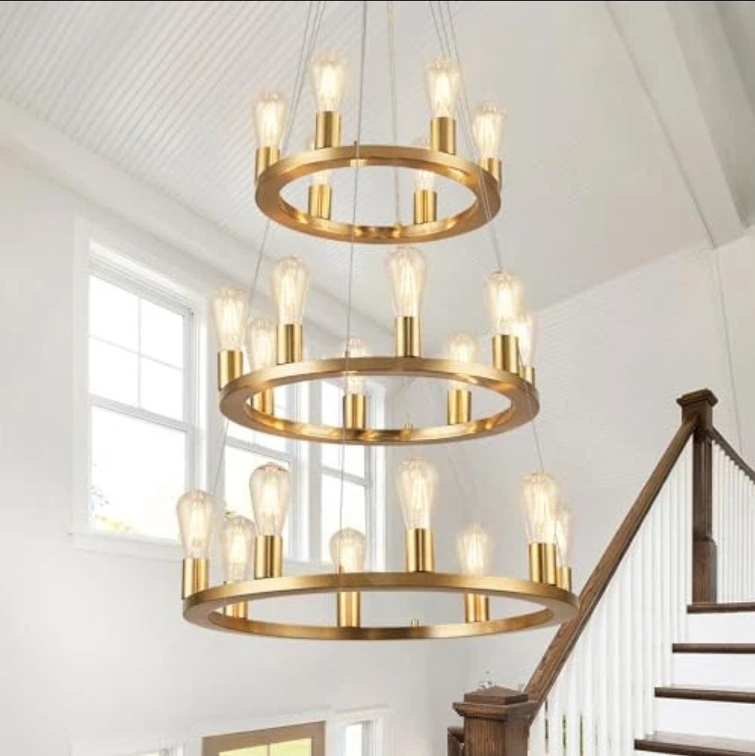 Gold Wagon Wheel Chandelier, 22-Light 24inch Foyer Chandelier High Ceiling Light Fixture 3-Ring Metal Round Chandeliers for Entryway Living Room Bedroom Dining Room