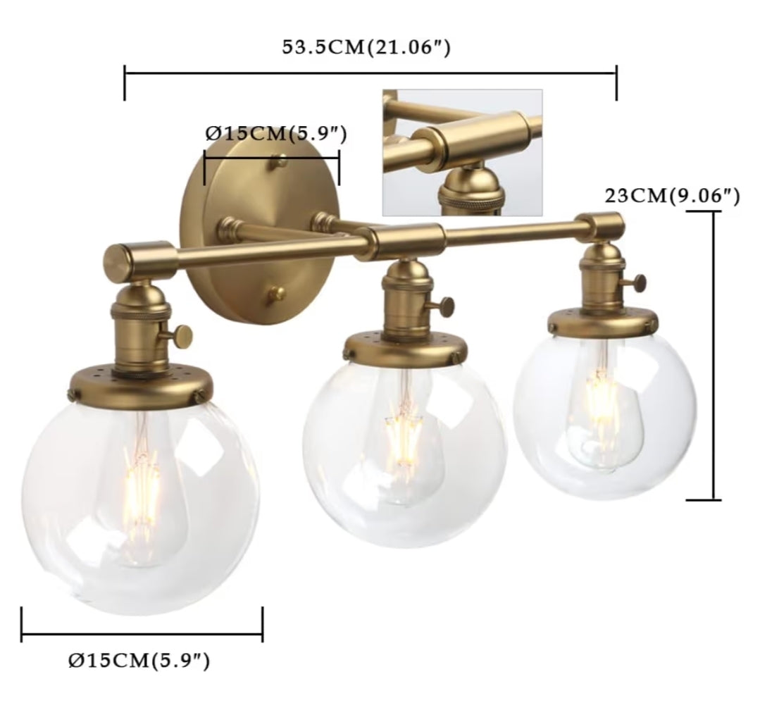 Phansthy Three Light Indoor Wall Fixture Bathroom Vanity Lighting with 5.6 Inches Globe Clear Glass Lamp Shade, Antique