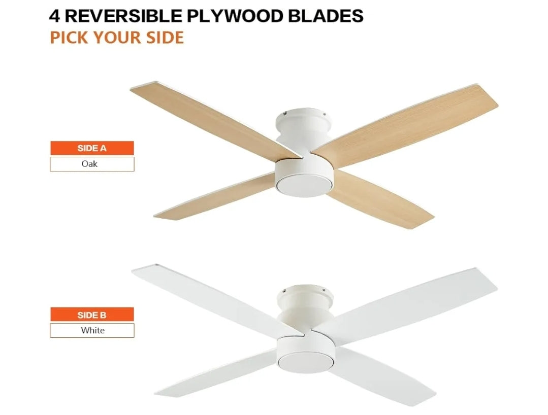 WINGBO 52" Flush Mount DC Ceiling Fan without Lights, 4 Reversible Blades, Ultra Quiet 6-Speed DC Motor, Hugger Low Profile Indoor Ceiling Fan No Lights, White Finish