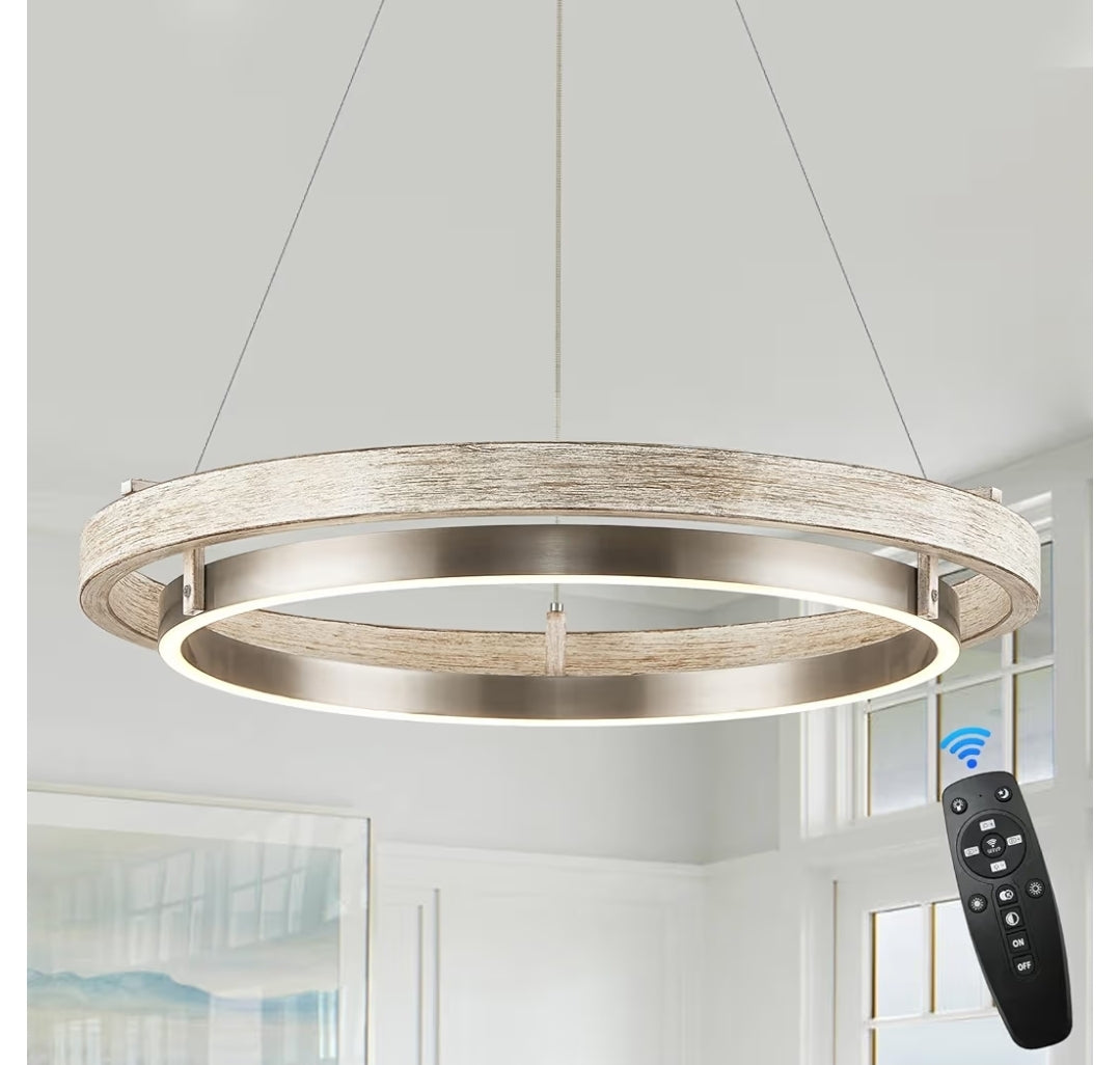 LED Ring Chandelier Weathered Wood Nickel Chandelier Dimmable Round Foyer Chandeliers Light Farmhouse Circular Chandeliers for Dining Room Entry Bedroom Office Living Room, 24in