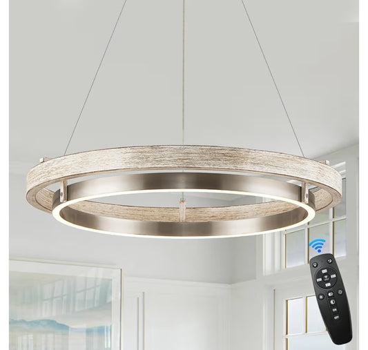 LED Ring Chandelier Weathered Wood Nickel Chandelier Dimmable Round Foyer Chandeliers Light Farmhouse Circular Chandeliers for Dining Room Entry Bedroom Office Living Room, 24in