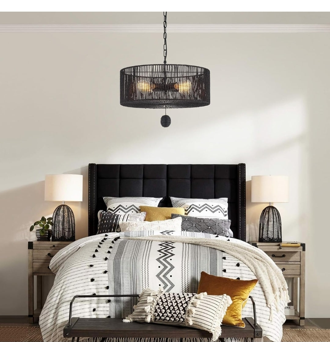 Drum Rattan Chandelier Light Fixture, Vintage Farmhouse 4-Lights Black Hand Woven Bamboo Chandelier, Rustic 19.7" for Dining Room, Bedroom, Kitchen