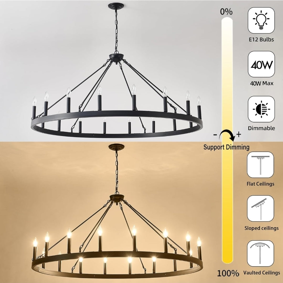 53 Inch Large Farmhouse Wagon Wheel Chandelier,Black 18-Light Rustic Round Hanging Light Fixture,Outdoor Wheel Chandelier for Porch High Ceilings Dining Room, Living Room, Entryway