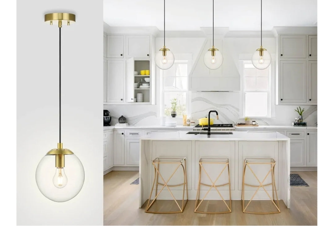 XiNBEi Lighting Globe Pendant Light, Modern Brass Kitchen Island Pendant Lighting with Clear Glass