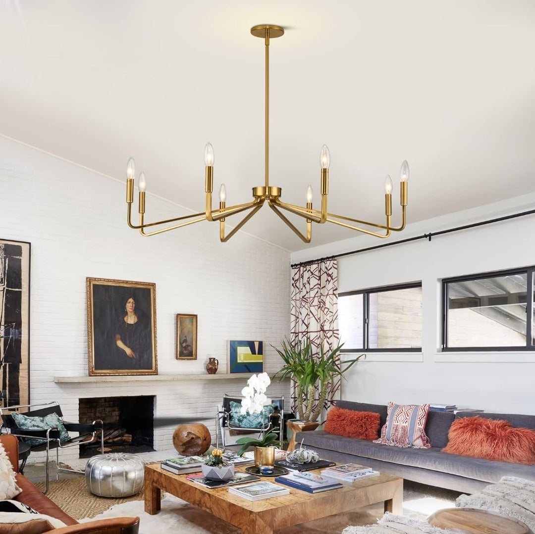 38" Gold Chandeliers for Dining Room, 8-Light Modern Farmhouse Chandelier Light Fixture, Brushed Brass Industrial Candle Lighting Hanging Ceiling for Living Room Bar Kitchen Island Lights
