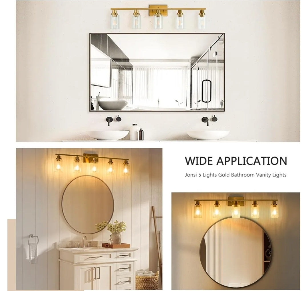 Jonsi Gold 5-Light Bathroom Vanity Light with Glass Shade, Modern Gold Bathroom Lights Over Mirror, W 40.2 x H 10.7 inches