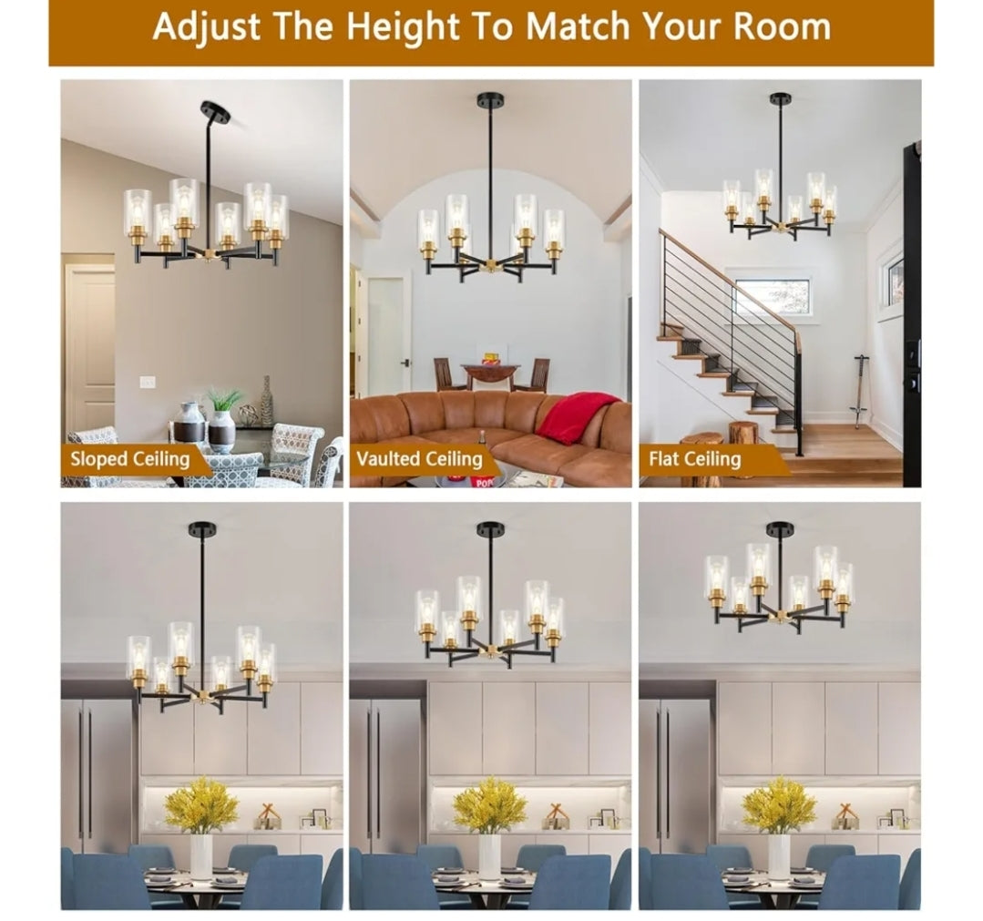 6-Light Modern Chandeliers, Black and Gold Chandelier Light Fixture with Clear Glass Shades, Hanging Pendant Lighting for Dining Room, Living Room, Kitchen, Staircase, Entryway
