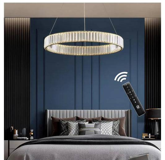 Modern Crystal Chandeliers with Remote, 3000-6000K 20in Gold Ring Pendant Light LED Dimmable Round Crystal Chandeliers with Remote for Living Room Dinning Room Bedroom