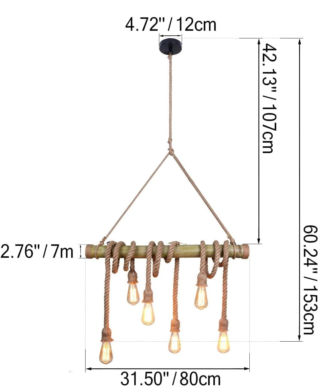 UNITARY Farmhouse Pendant Lights Kitchen Island, Kitchen Light Fixtures, Rustic Dining Room Light Fixture with 6 E26 Bulb Sockets, Black Metal and Bamboo Ceiling Pendant Light Fixtures