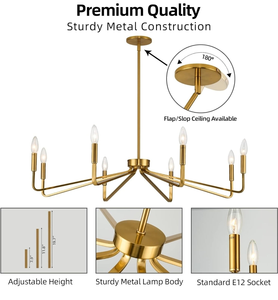38" Gold Chandeliers for Dining Room, 8-Light Modern Farmhouse Chandelier Light Fixture, Brushed Brass Industrial Candle Lighting Hanging Ceiling for Living Room Bar Kitchen Island Lights