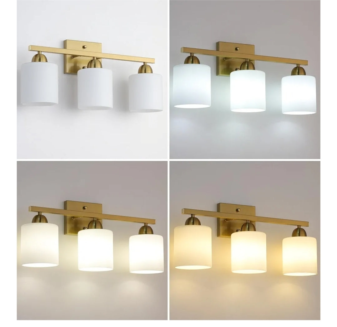 Stainless Steel Milk Glass Bathroom Vanity Light Over Mirror, 3 Light Brushed Gold Bathroom Light Fixtures with Frosted Glass, Modern Vanity Lighting Wall Mount