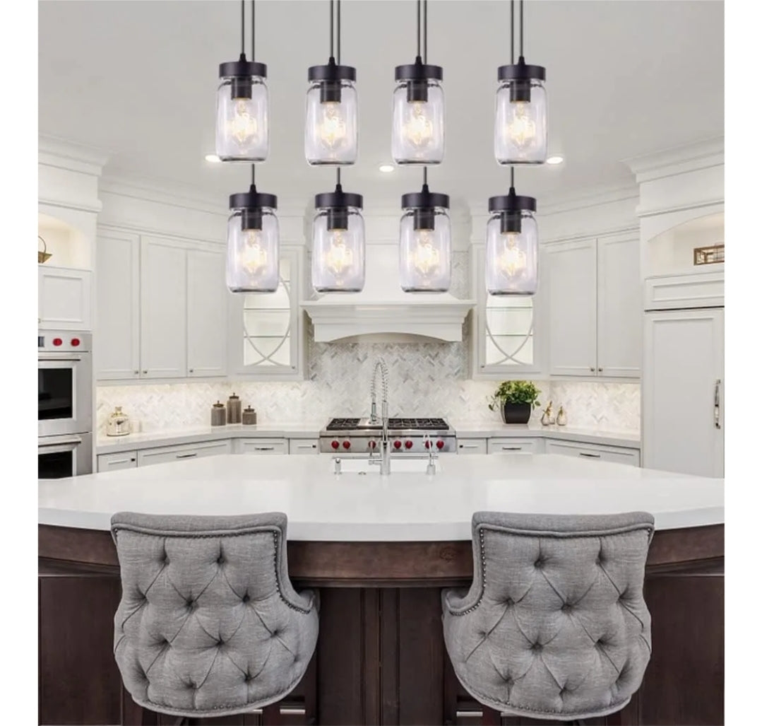 Wellmet 8-Light Mason Jar Chandelier for Dining Room, Farmhouse Rustic Linear Cluster Pendant Light Fixture for Living Room, Kitchen Island Lighting, Matte Black Finish with Glass Shades