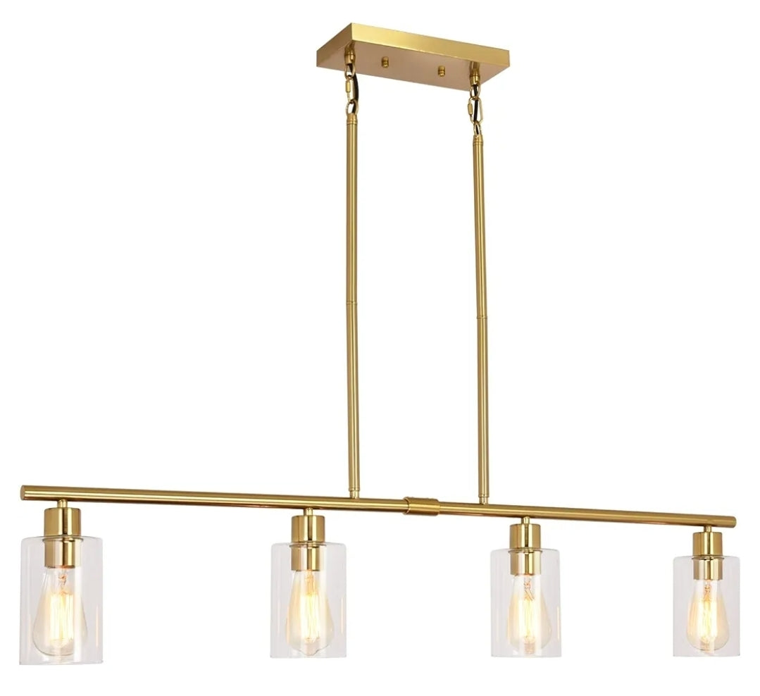 Modern Gold Kitchen Island Chandelier 4-Light Brushed Brass Farmhouse Pendant Light Industrial Kitchen Island Lighting Fixture with Glass Shades Hanging Lamp for Dining Living Room