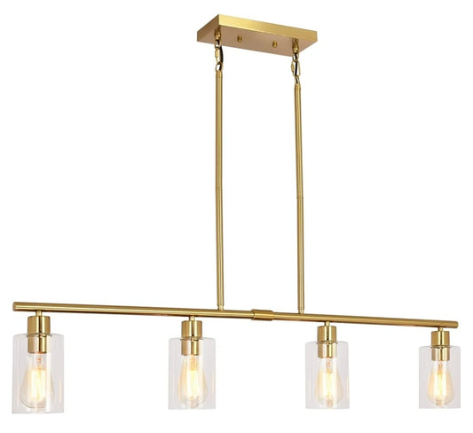 Modern Gold Kitchen Island Chandelier 4-Light Brushed Brass Farmhouse Pendant Light Industrial Kitchen Island Lighting Fixture with Glass Shades Hanging Lamp for Dining Living Room
