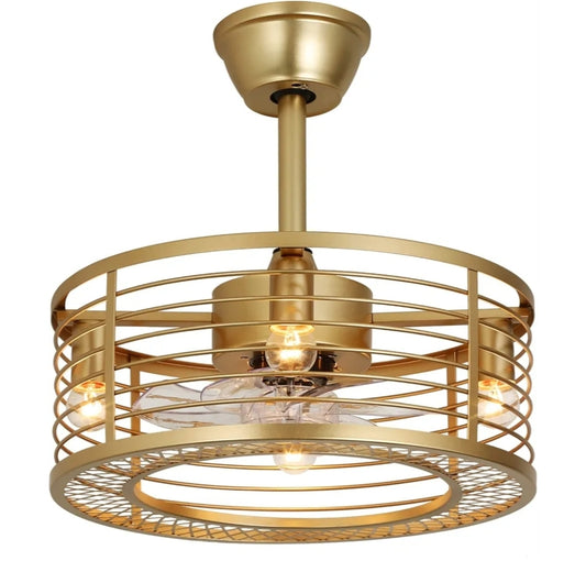 Gold Caged Ceiling Fans with Lights and Remote Control 6-Speed Reversible Noiseless Motor 18" Fandelier Ceiling Fans with Lights Bladeless Ceiling Fan Light for Bedroom and Kitchen